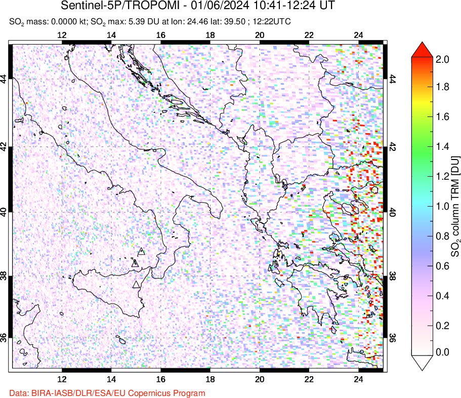 A sulfur dioxide image over Etna, Sicily, Italy on Jan 06, 2024.