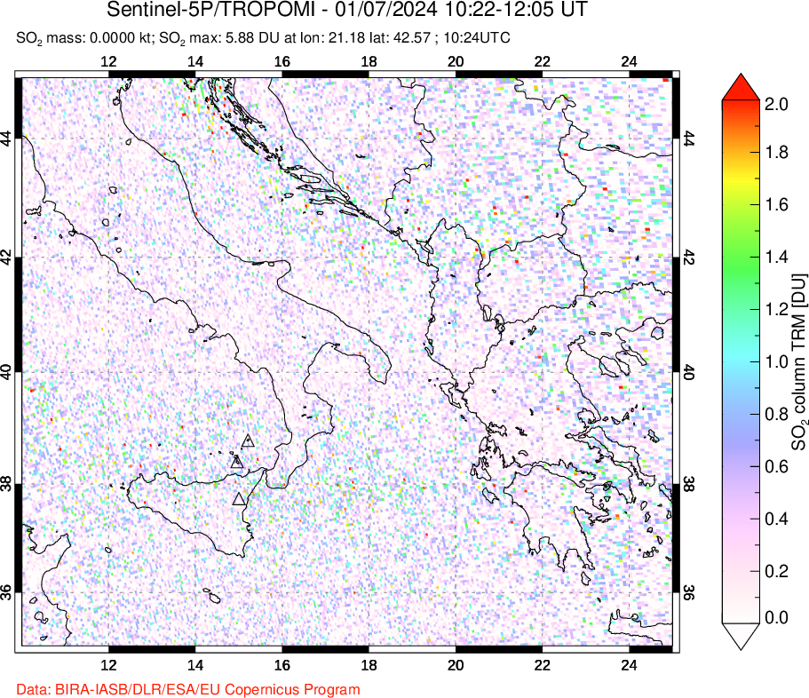 A sulfur dioxide image over Etna, Sicily, Italy on Jan 07, 2024.