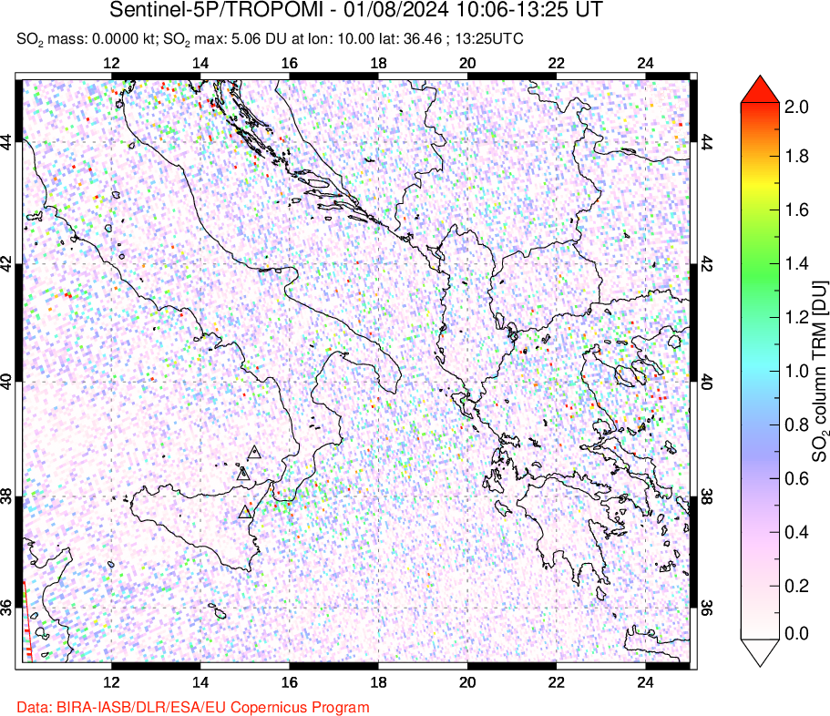 A sulfur dioxide image over Etna, Sicily, Italy on Jan 08, 2024.