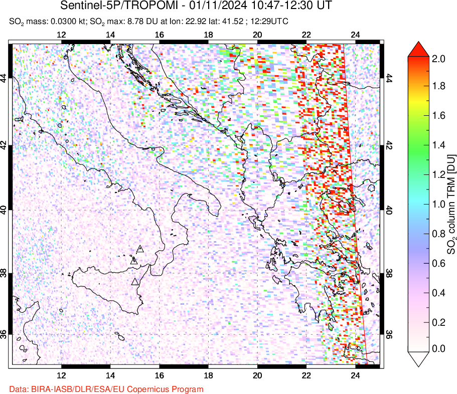 A sulfur dioxide image over Etna, Sicily, Italy on Jan 11, 2024.