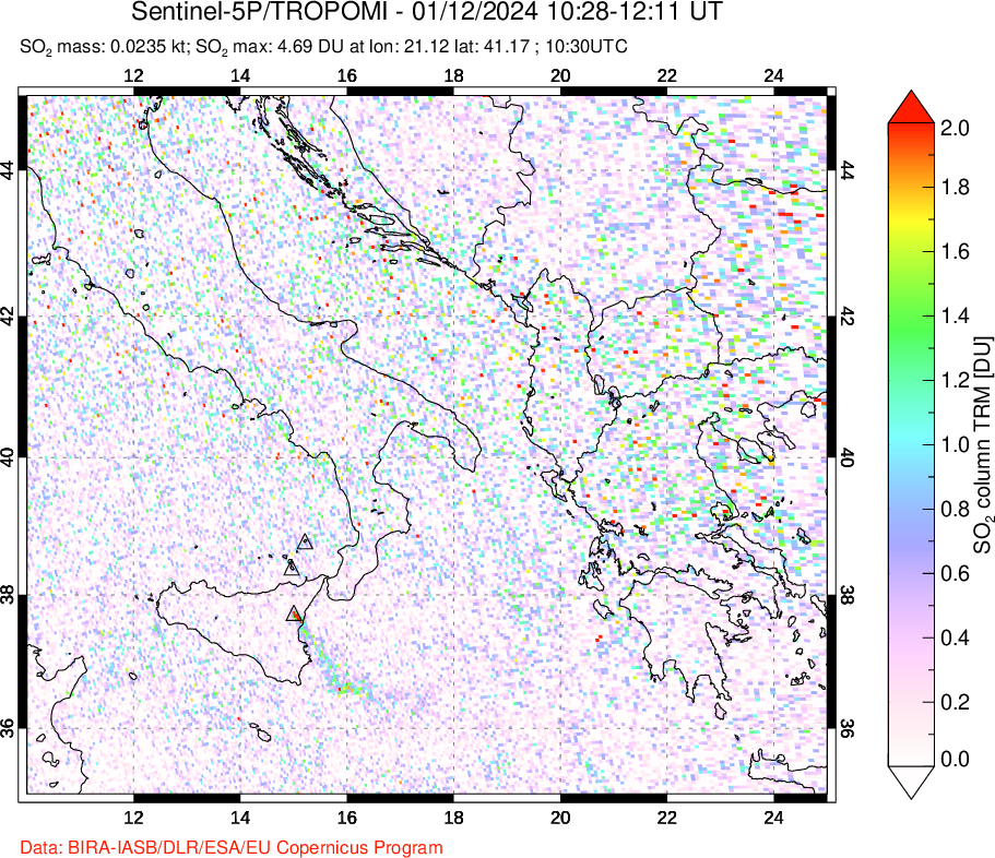 A sulfur dioxide image over Etna, Sicily, Italy on Jan 12, 2024.