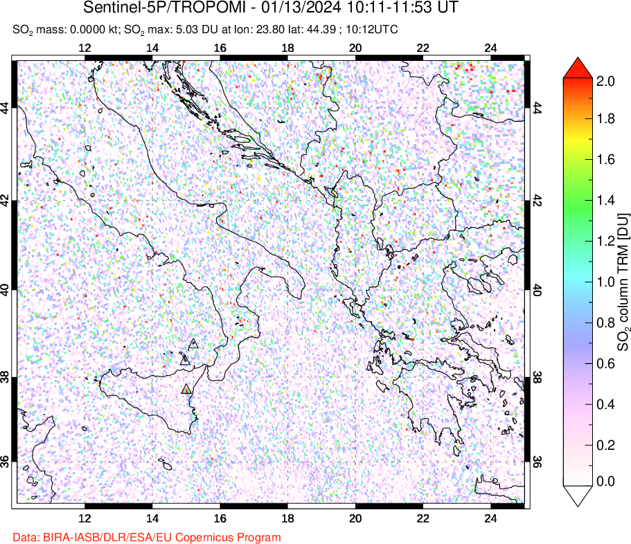 A sulfur dioxide image over Etna, Sicily, Italy on Jan 13, 2024.