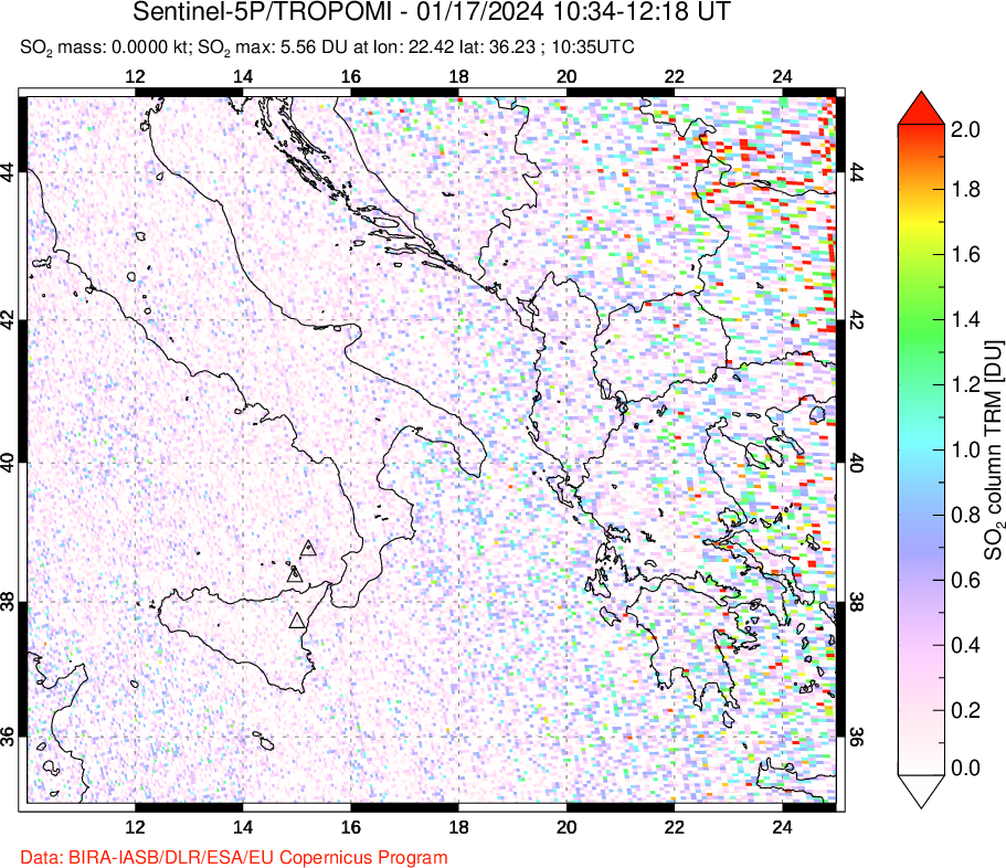 A sulfur dioxide image over Etna, Sicily, Italy on Jan 17, 2024.