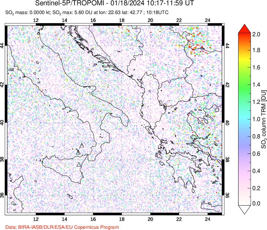 A sulfur dioxide image over Etna, Sicily, Italy on Jan 18, 2024.