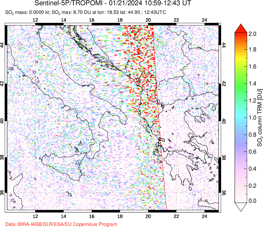 A sulfur dioxide image over Etna, Sicily, Italy on Jan 21, 2024.