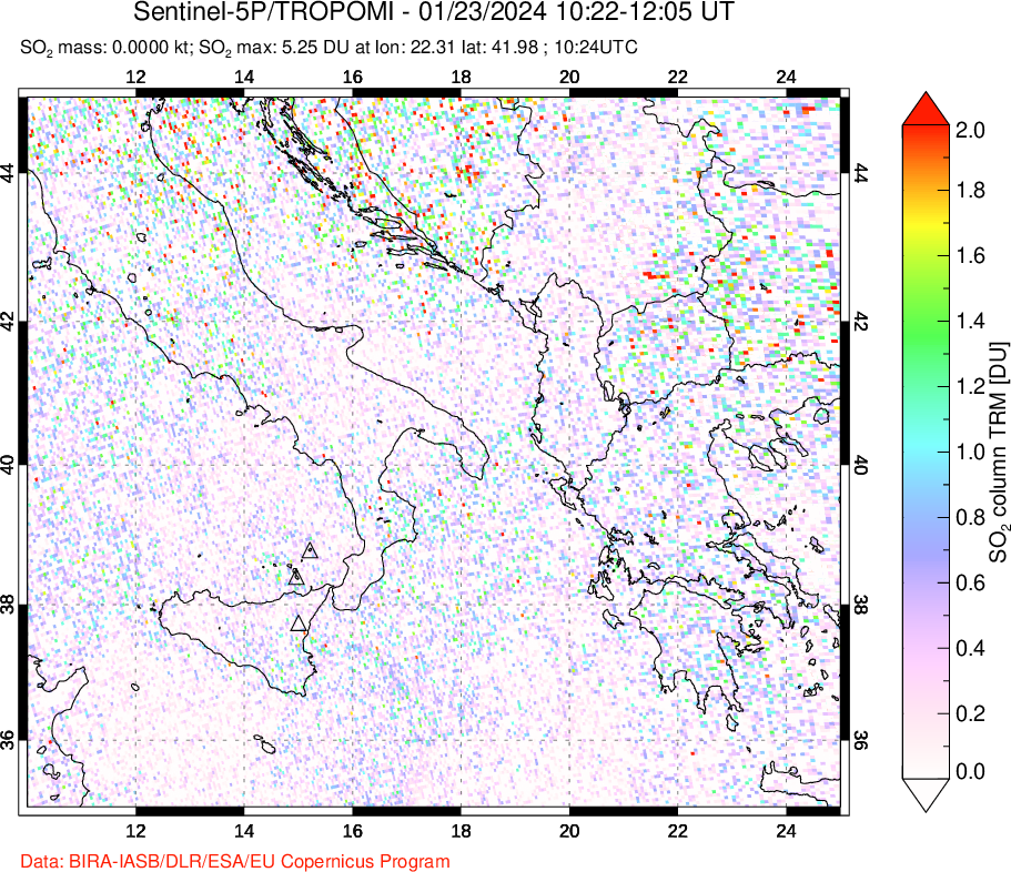 A sulfur dioxide image over Etna, Sicily, Italy on Jan 23, 2024.