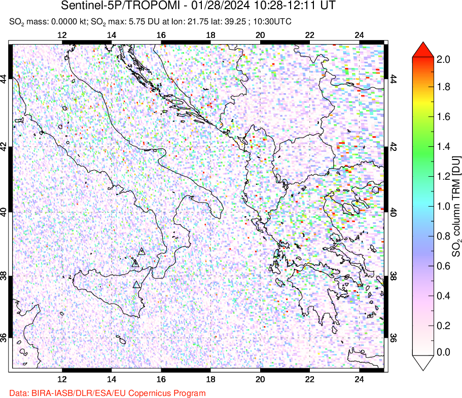 A sulfur dioxide image over Etna, Sicily, Italy on Jan 28, 2024.