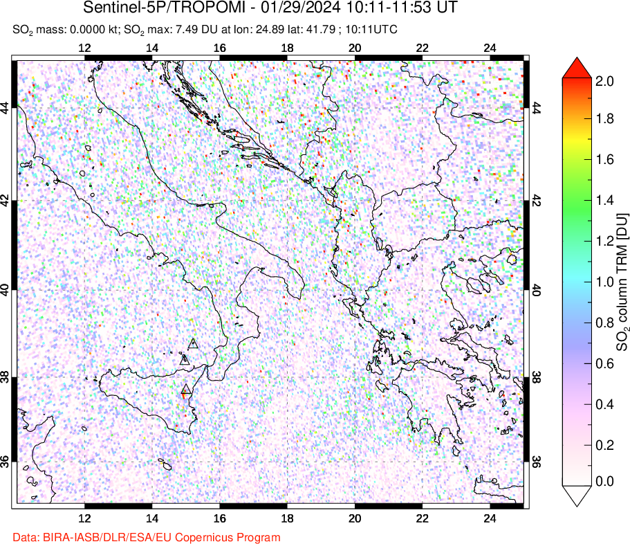 A sulfur dioxide image over Etna, Sicily, Italy on Jan 29, 2024.