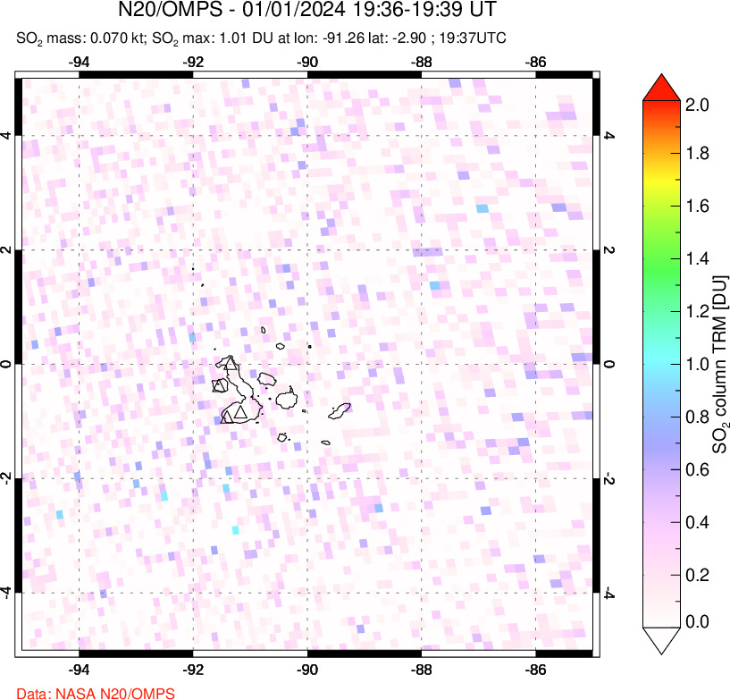 A sulfur dioxide image over Galápagos Islands on Jan 01, 2024.