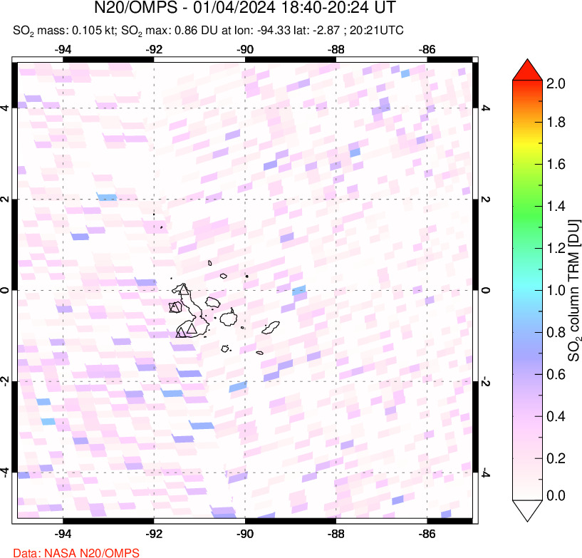 A sulfur dioxide image over Galápagos Islands on Jan 04, 2024.