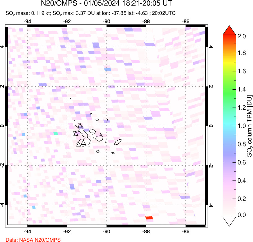 A sulfur dioxide image over Galápagos Islands on Jan 05, 2024.