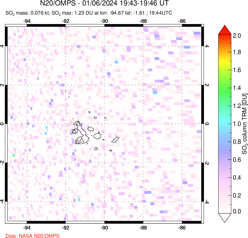 A sulfur dioxide image over Galápagos Islands on Jan 06, 2024.