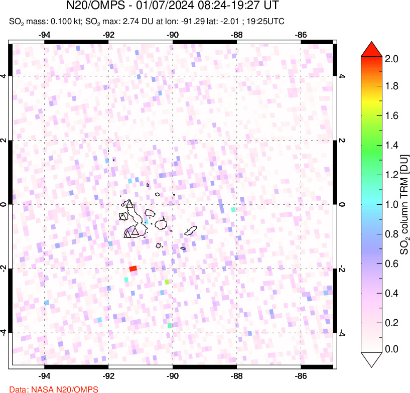 A sulfur dioxide image over Galápagos Islands on Jan 07, 2024.