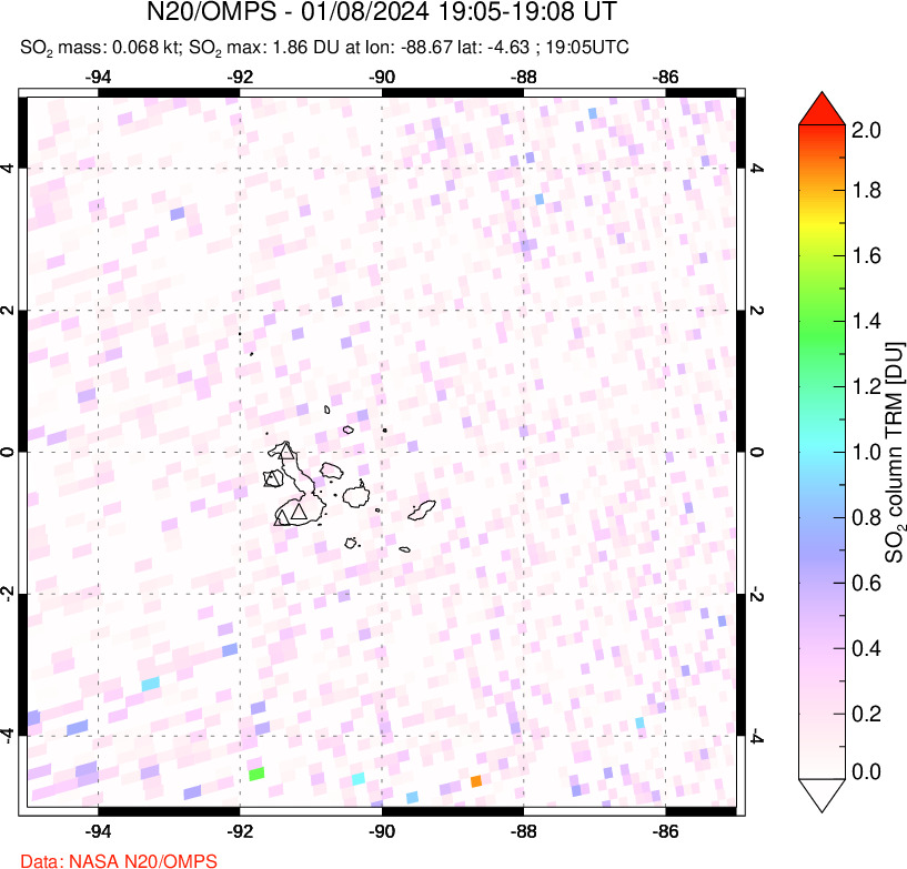 A sulfur dioxide image over Galápagos Islands on Jan 08, 2024.