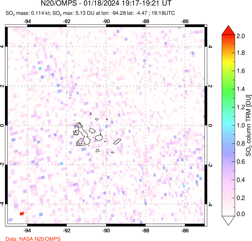 A sulfur dioxide image over Galápagos Islands on Jan 18, 2024.