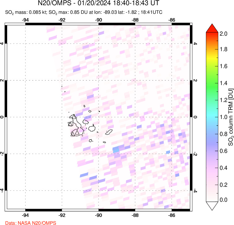 A sulfur dioxide image over Galápagos Islands on Jan 20, 2024.