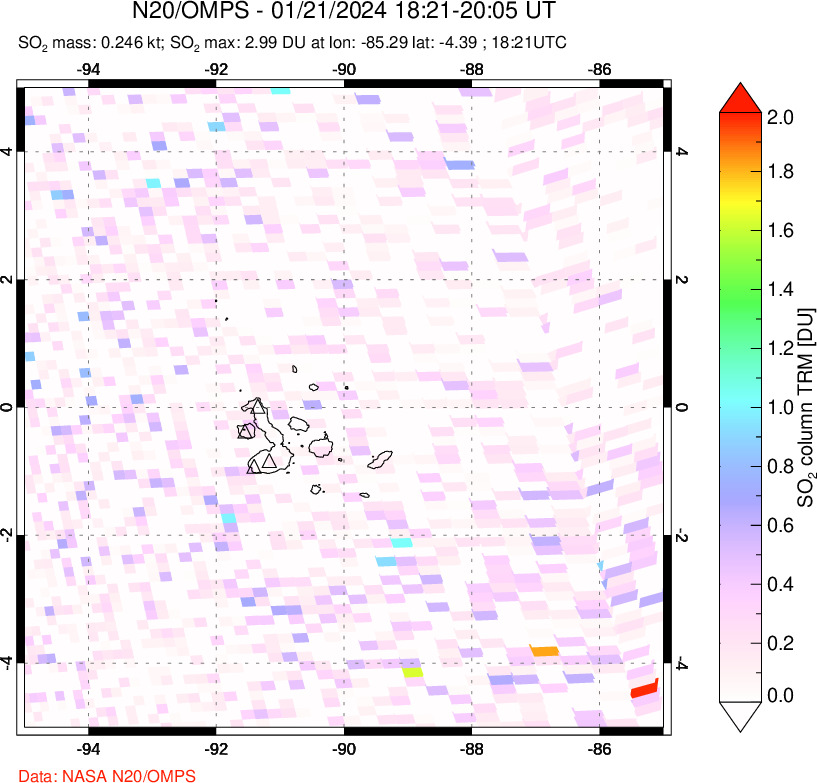 A sulfur dioxide image over Galápagos Islands on Jan 21, 2024.