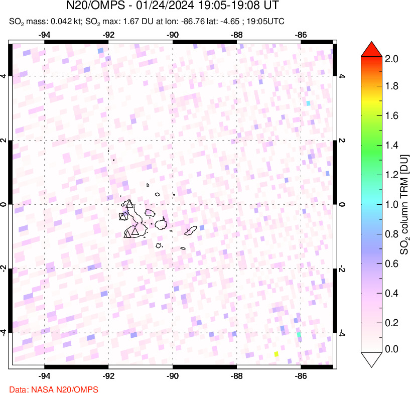 A sulfur dioxide image over Galápagos Islands on Jan 24, 2024.