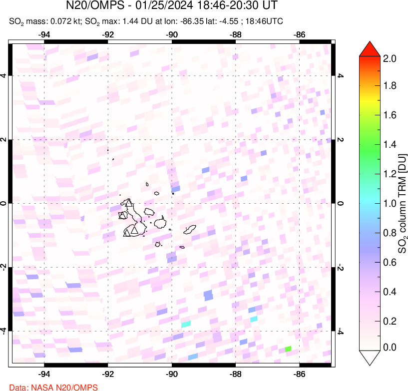 A sulfur dioxide image over Galápagos Islands on Jan 25, 2024.