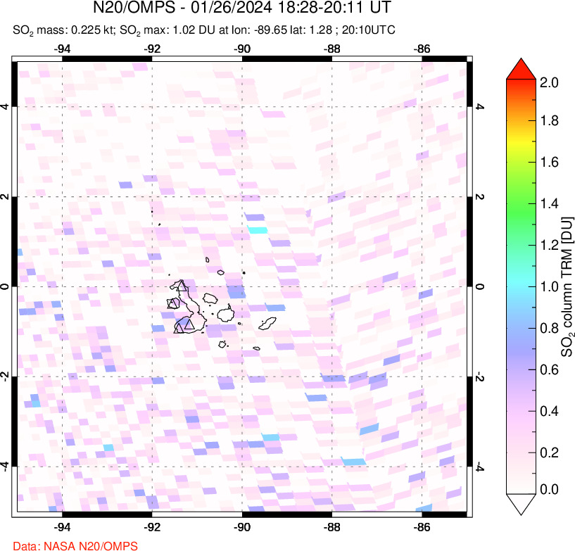 A sulfur dioxide image over Galápagos Islands on Jan 26, 2024.