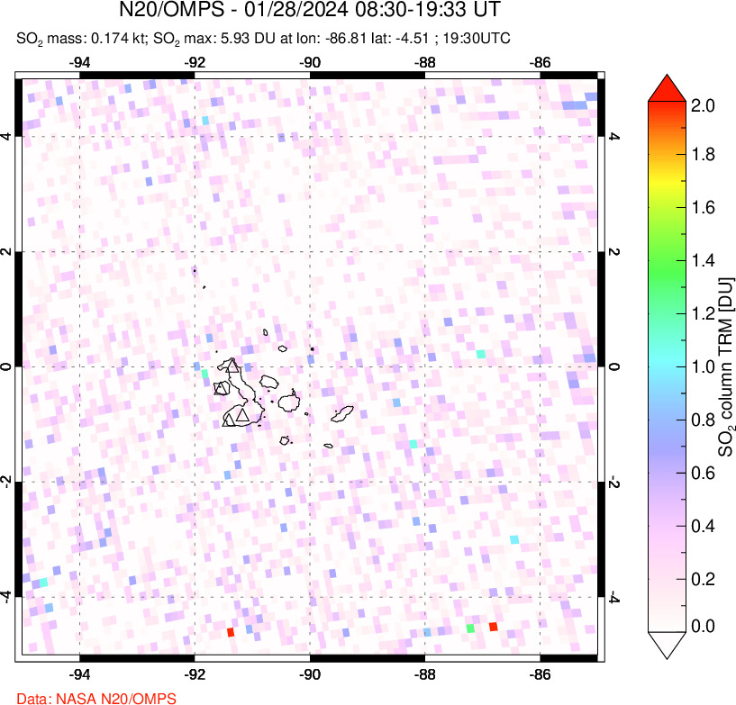 A sulfur dioxide image over Galápagos Islands on Jan 28, 2024.