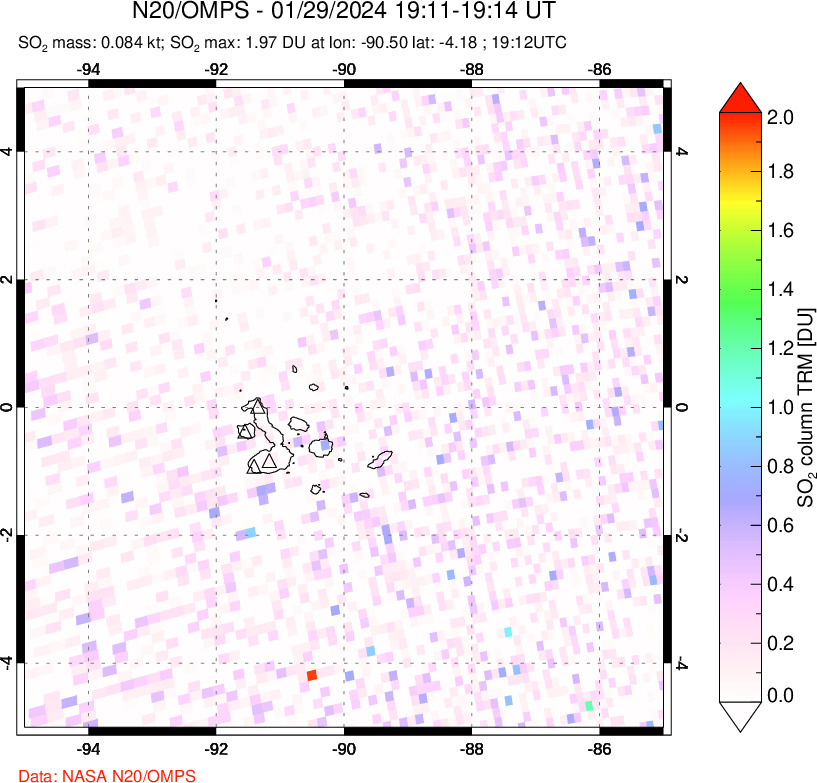 A sulfur dioxide image over Galápagos Islands on Jan 29, 2024.