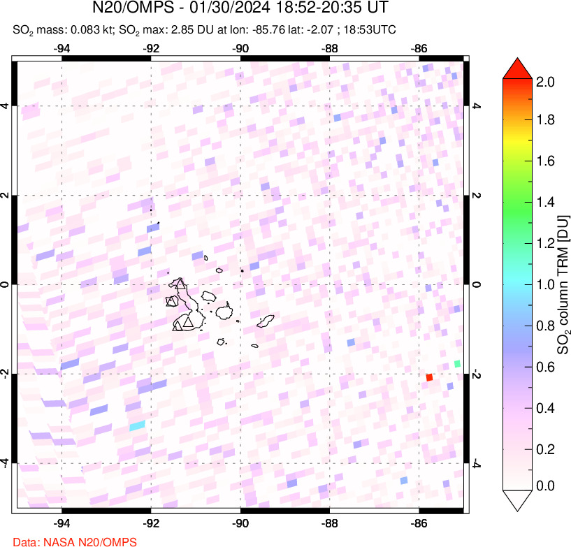 A sulfur dioxide image over Galápagos Islands on Jan 30, 2024.