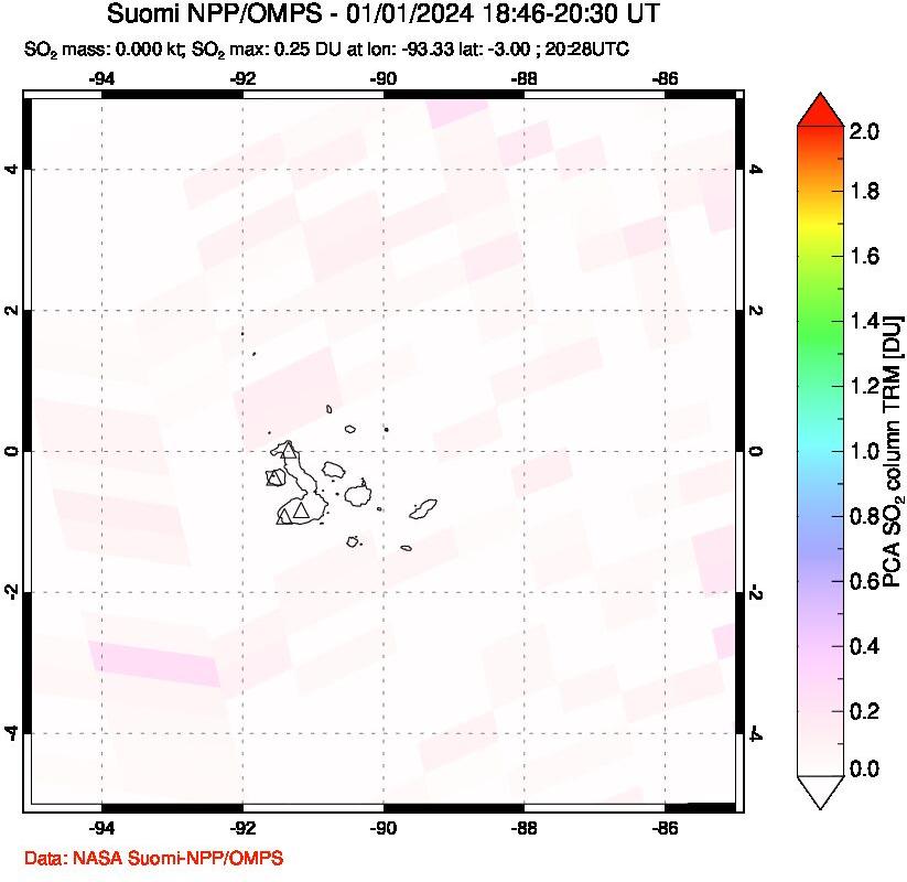 A sulfur dioxide image over Galápagos Islands on Jan 01, 2024.