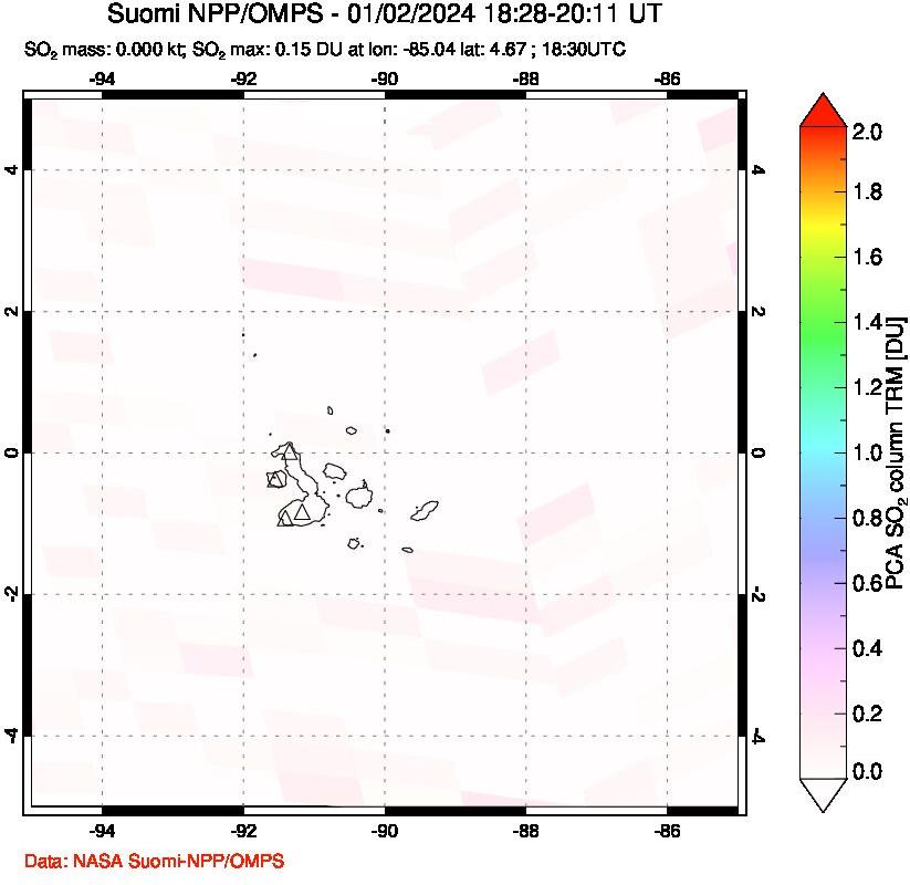 A sulfur dioxide image over Galápagos Islands on Jan 02, 2024.