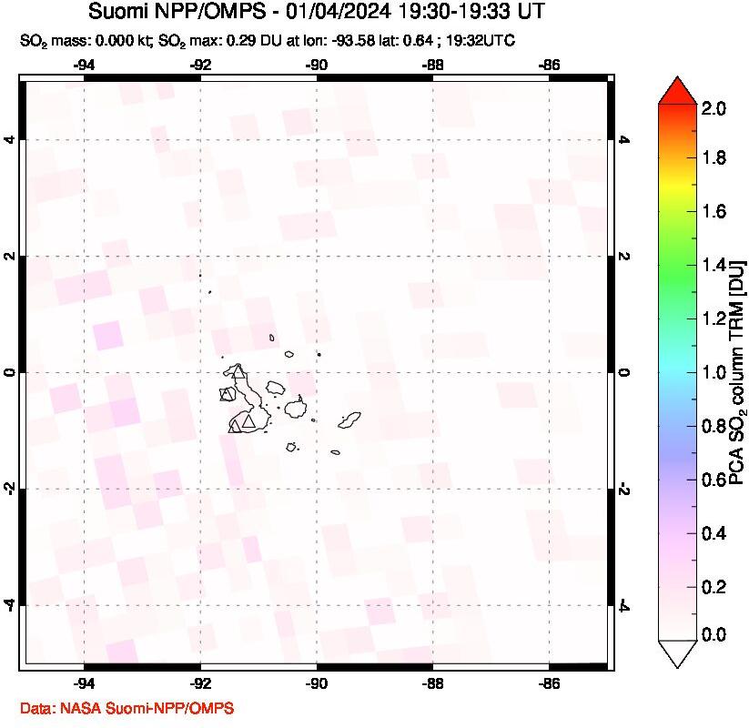 A sulfur dioxide image over Galápagos Islands on Jan 04, 2024.