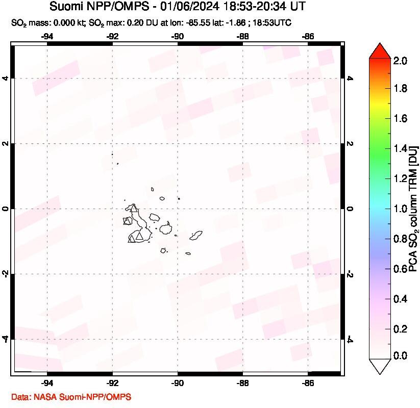 A sulfur dioxide image over Galápagos Islands on Jan 06, 2024.