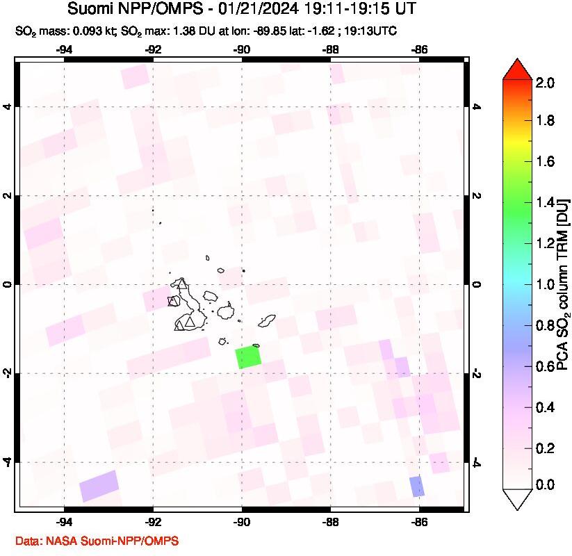 A sulfur dioxide image over Galápagos Islands on Jan 21, 2024.