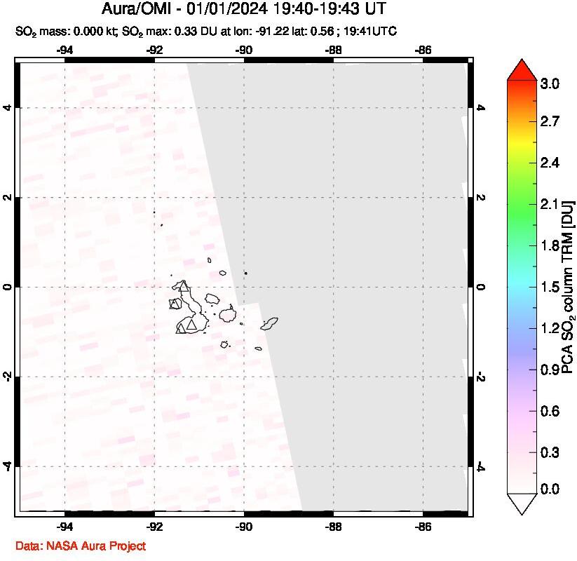 A sulfur dioxide image over Galápagos Islands on Jan 01, 2024.