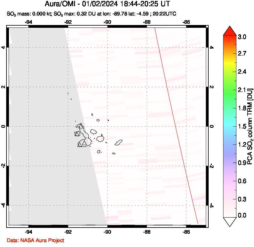 A sulfur dioxide image over Galápagos Islands on Jan 02, 2024.