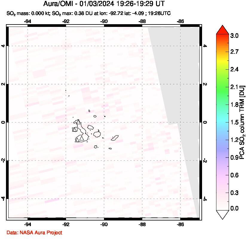 A sulfur dioxide image over Galápagos Islands on Jan 03, 2024.