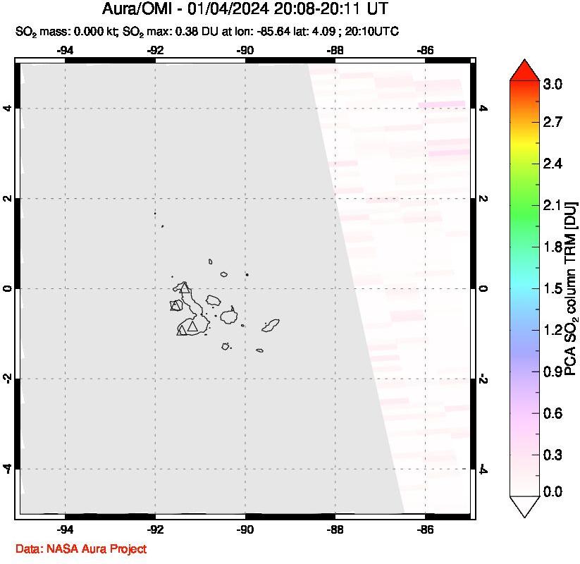 A sulfur dioxide image over Galápagos Islands on Jan 04, 2024.