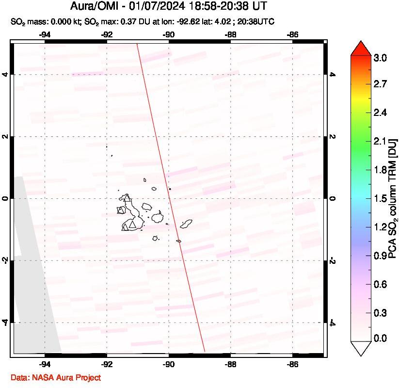 A sulfur dioxide image over Galápagos Islands on Jan 07, 2024.