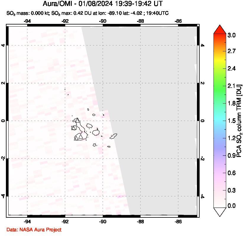 A sulfur dioxide image over Galápagos Islands on Jan 08, 2024.