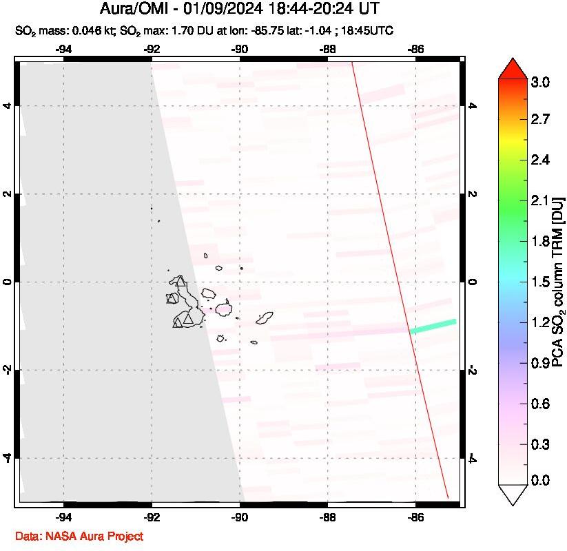 A sulfur dioxide image over Galápagos Islands on Jan 09, 2024.