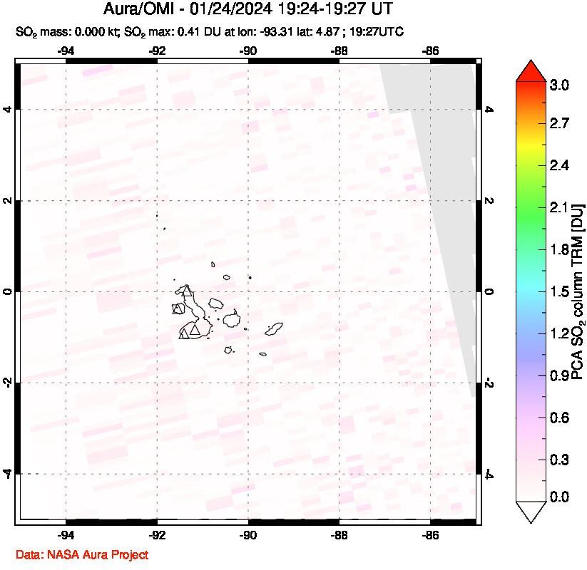 A sulfur dioxide image over Galápagos Islands on Jan 24, 2024.