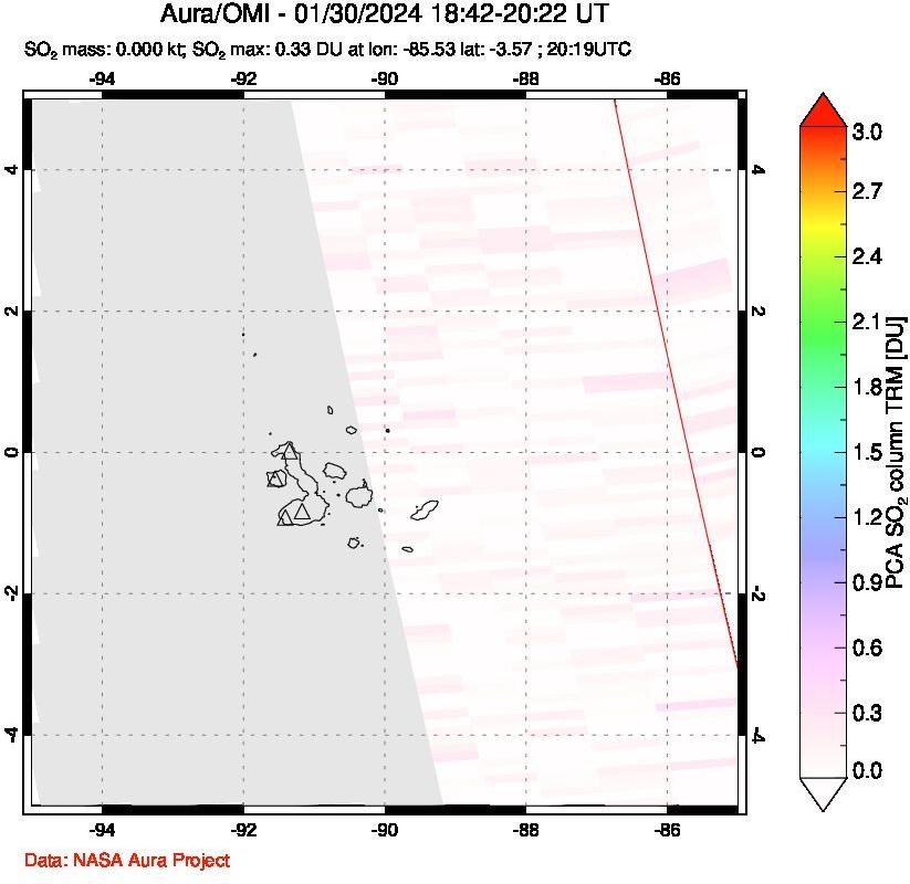 A sulfur dioxide image over Galápagos Islands on Jan 30, 2024.