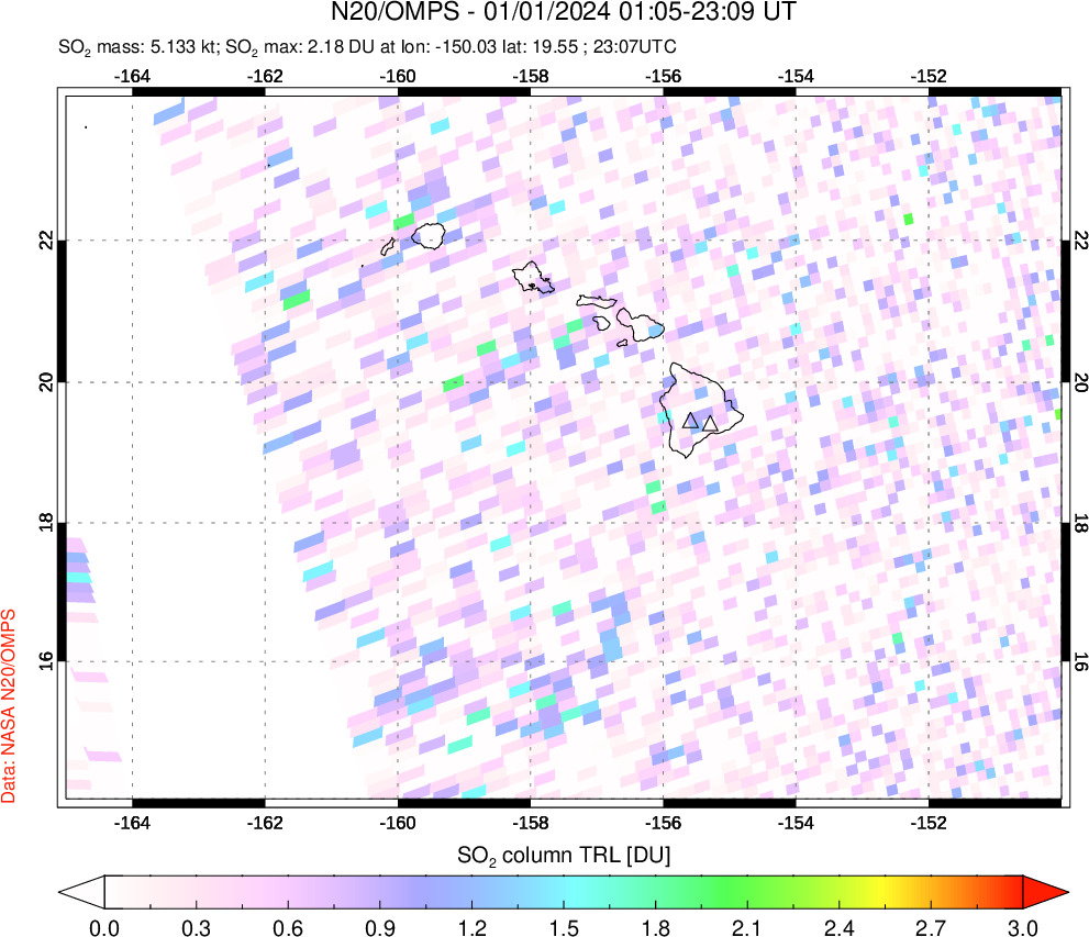 A sulfur dioxide image over Hawaii, USA on Jan 01, 2024.