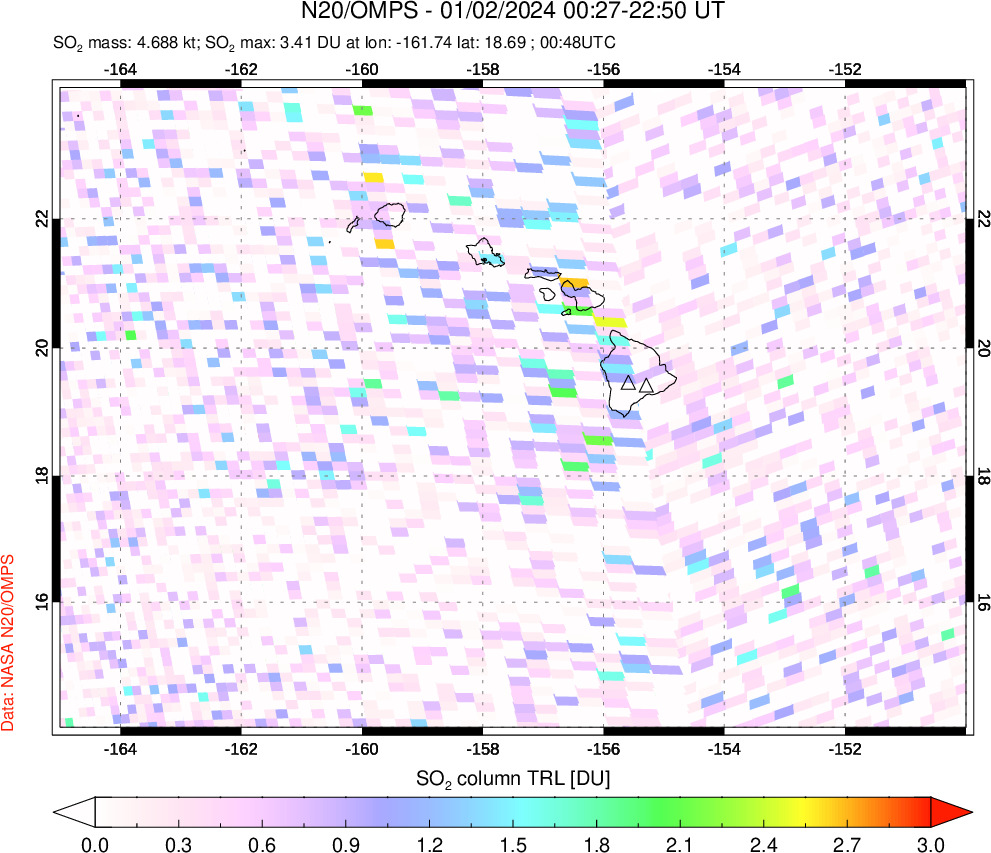 A sulfur dioxide image over Hawaii, USA on Jan 02, 2024.