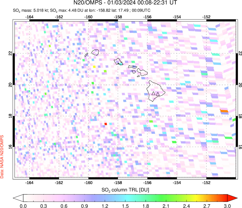 A sulfur dioxide image over Hawaii, USA on Jan 03, 2024.