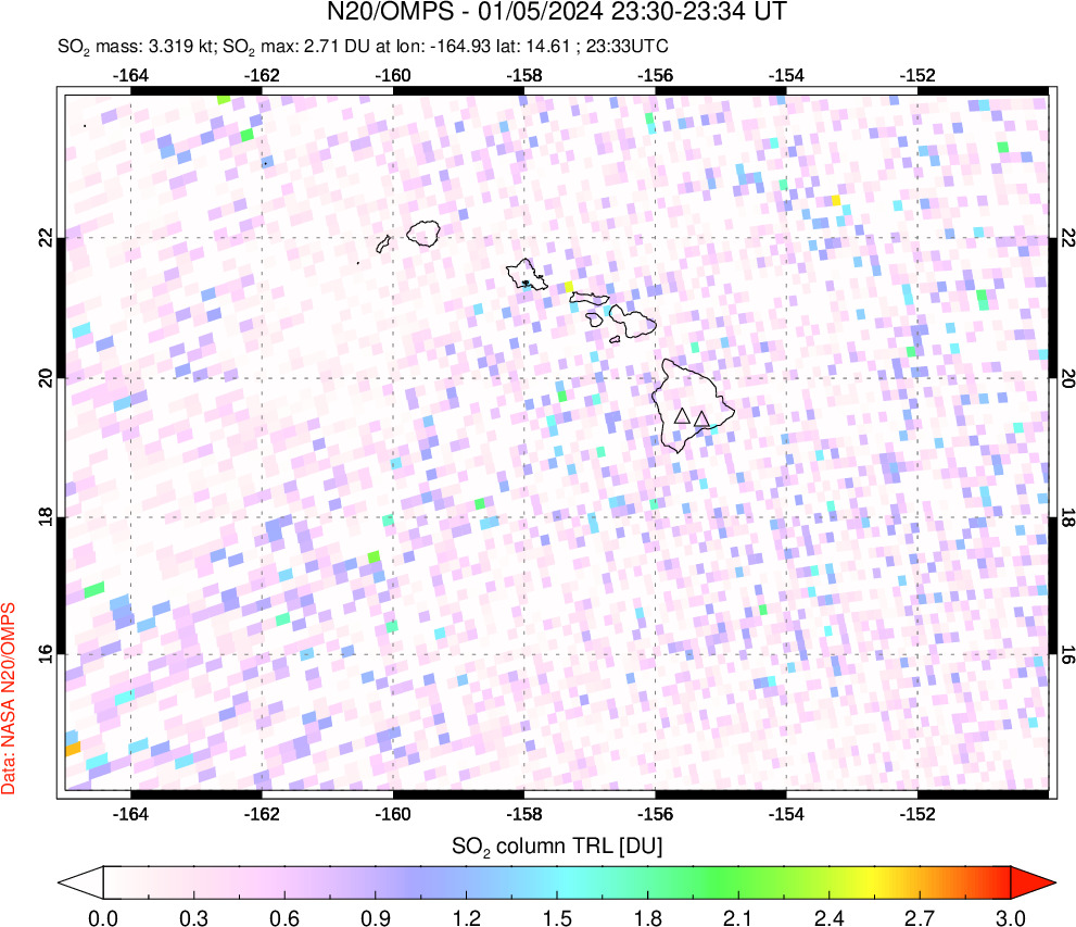 A sulfur dioxide image over Hawaii, USA on Jan 05, 2024.