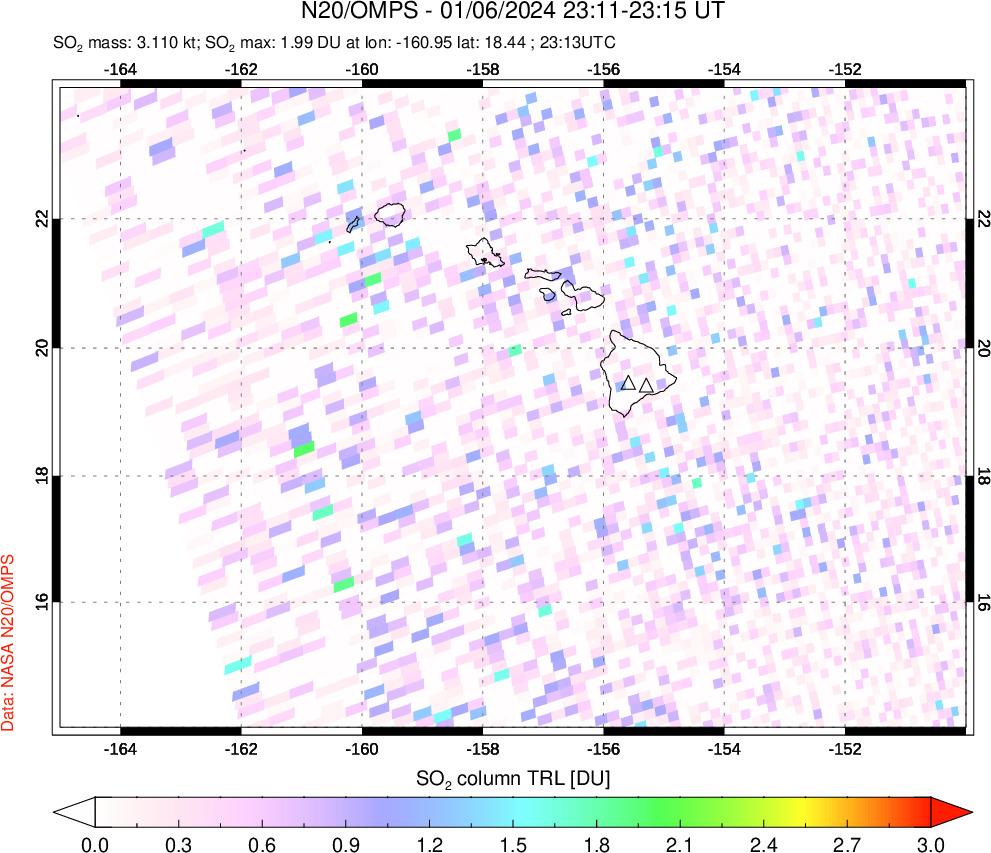 A sulfur dioxide image over Hawaii, USA on Jan 06, 2024.