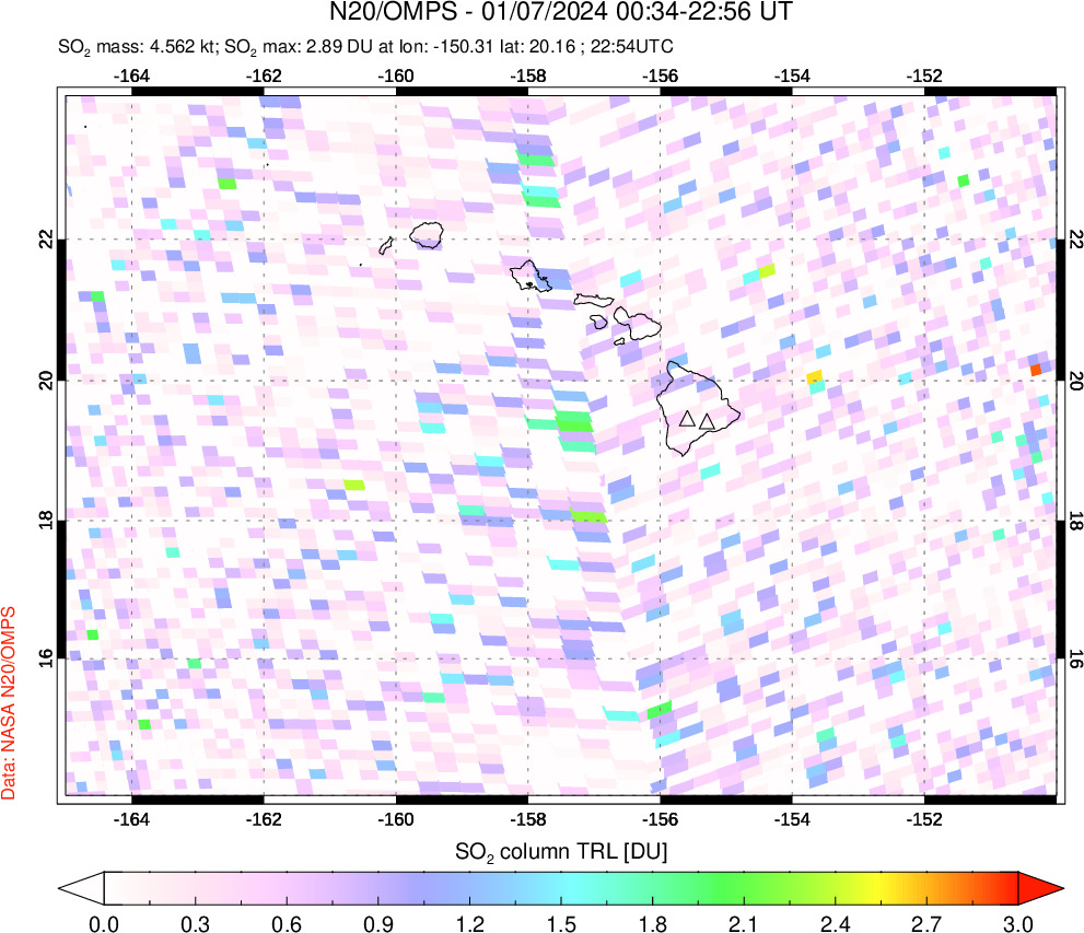 A sulfur dioxide image over Hawaii, USA on Jan 07, 2024.