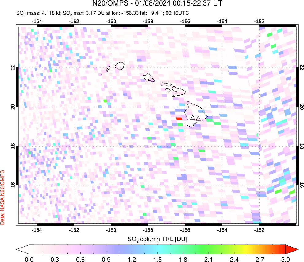 A sulfur dioxide image over Hawaii, USA on Jan 08, 2024.