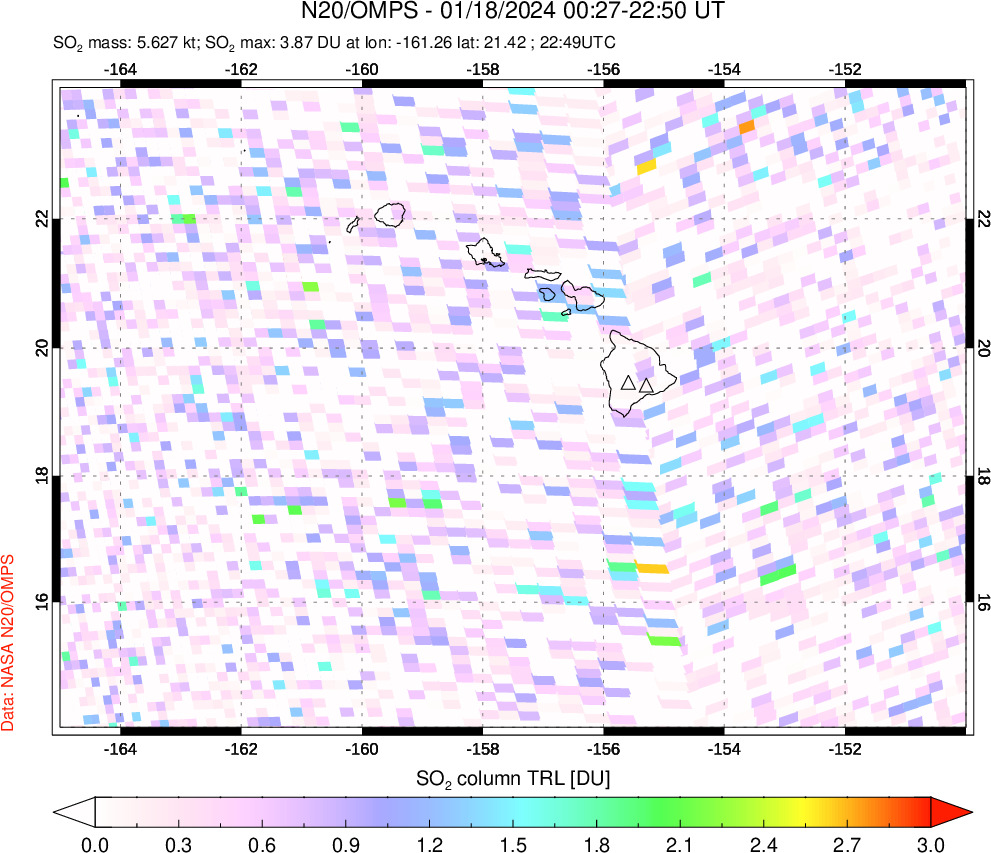 A sulfur dioxide image over Hawaii, USA on Jan 18, 2024.