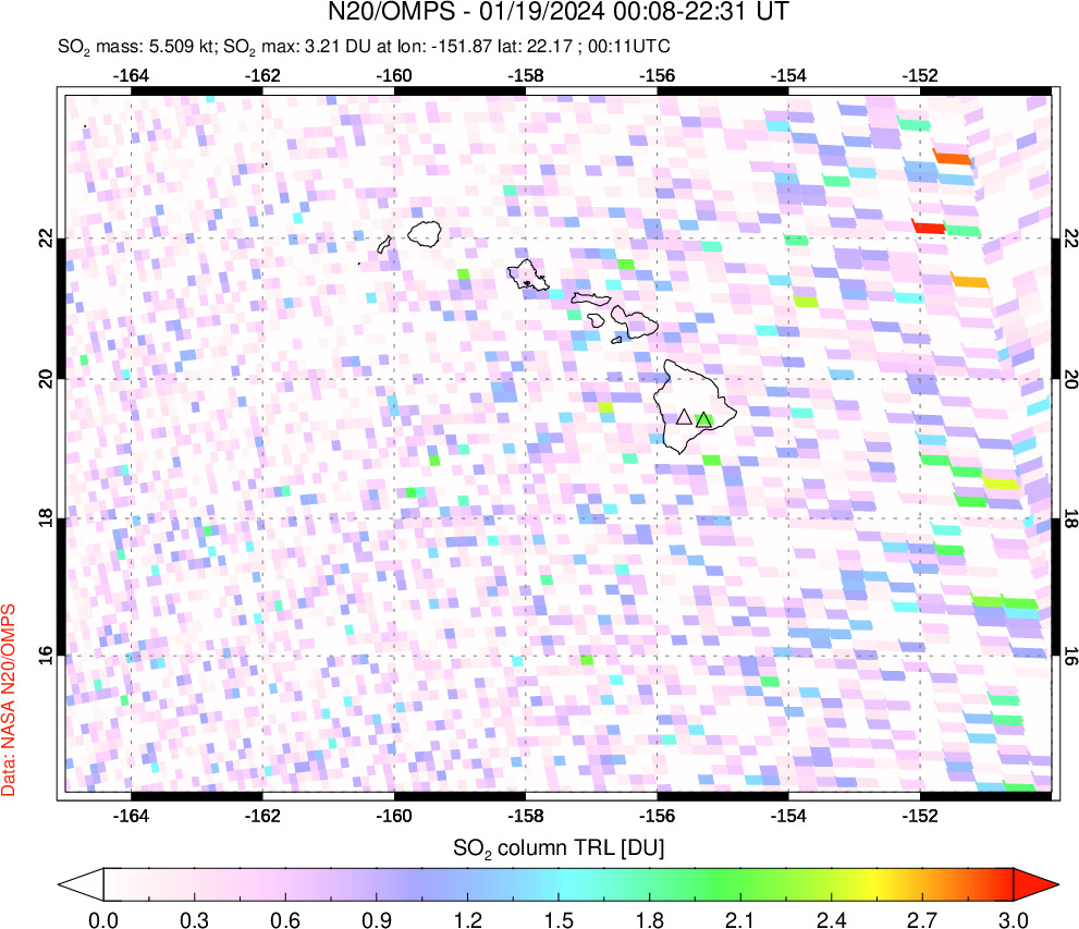 A sulfur dioxide image over Hawaii, USA on Jan 19, 2024.